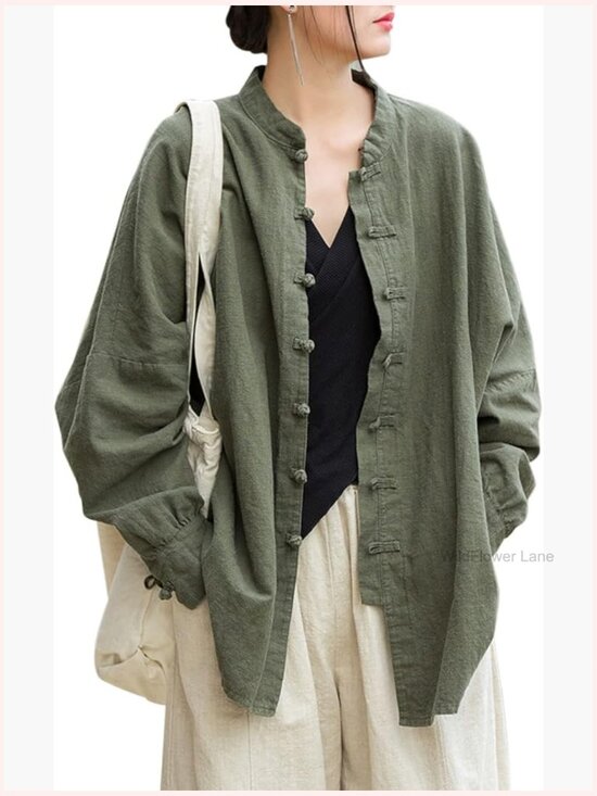 Tops - Linen Oversized Blouse Vintage Long Sleeve Chinese Frog Button Jacket Shirt Top